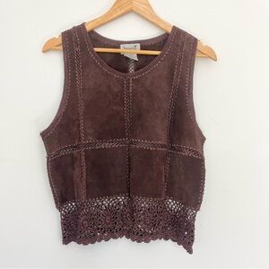 Vintage Imagio 100% Leather w Crochet Trim Womens Brown Tank Top Cropped Wide XL